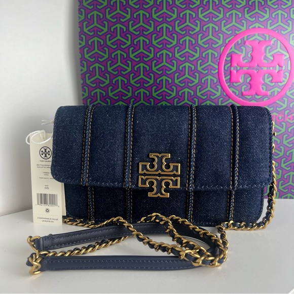 NWT Tory Burch Britten Denim Chain Wallet With Wristlet - Picture 9 of 16